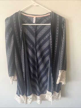 Xhilaration Navy Striped Open-Front Sweater with Cream Lace Trim